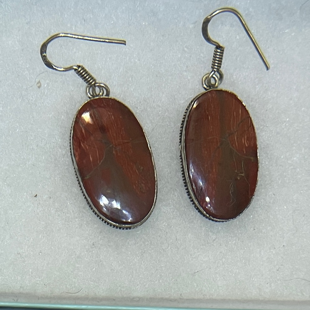 Elegant Sterling Silver & Jasper stone Oval Earrings